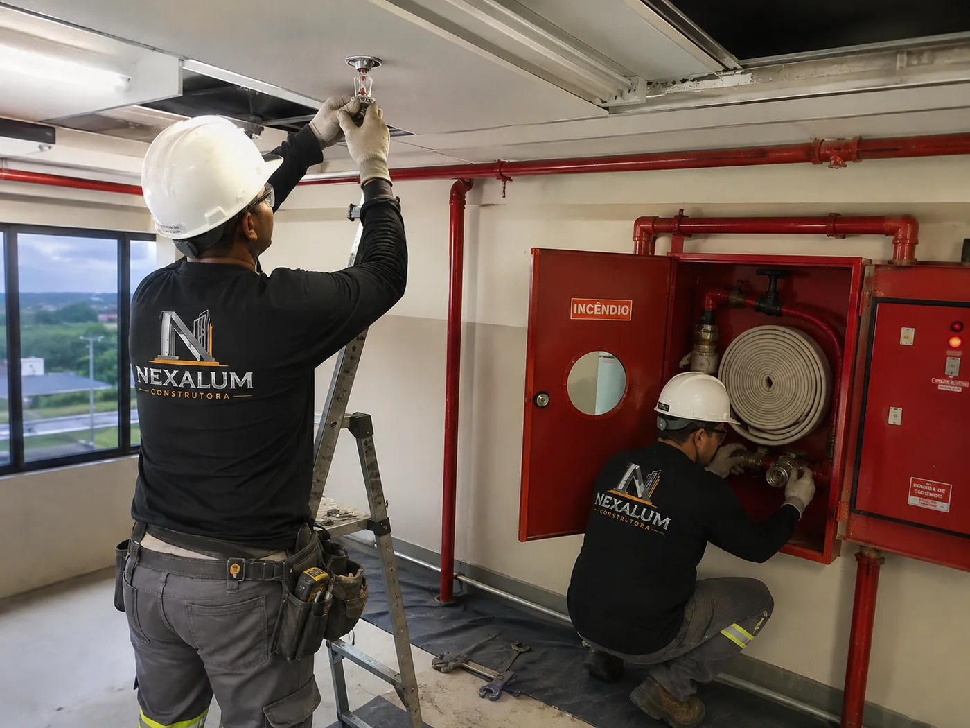 Equipe em cobertura metálica